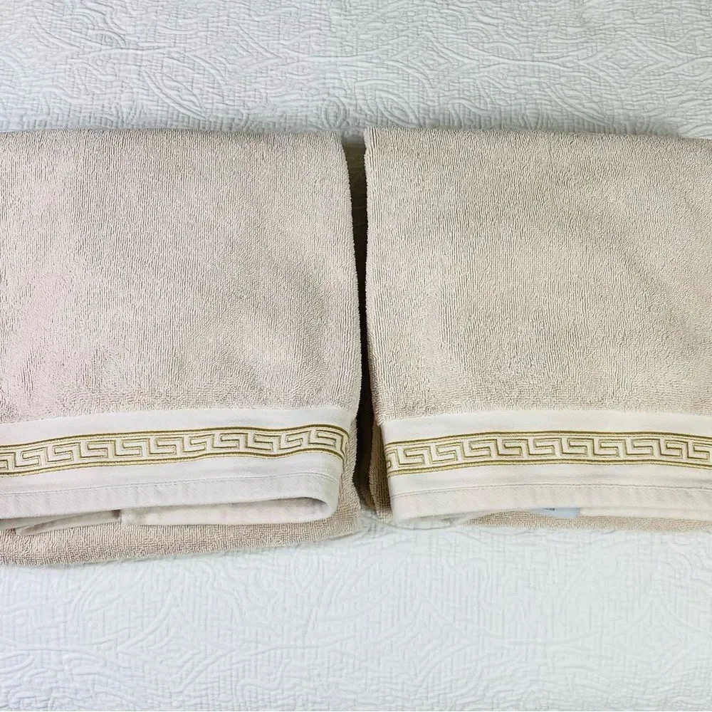 Luxurious Vtg Cream Bath Towels with Gold Greek Embroidered Accent